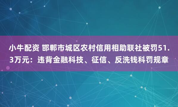 小牛配资 邯郸市城区农村信用相助联社被罚51.3万元：违背金融科技、征信、反洗钱科罚规章