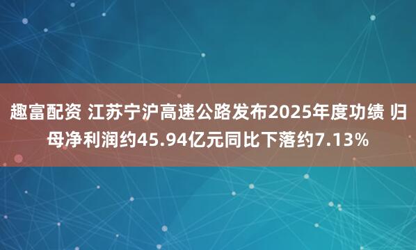 趣富配资 江苏宁沪高速公路发布2025年度功绩 归母净利润约45.94亿元同比下落约7.13%